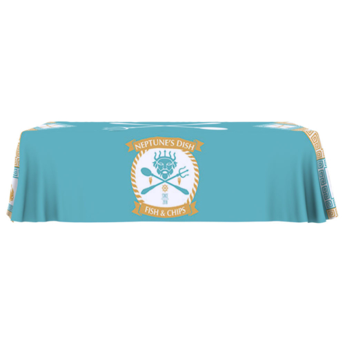 A table with cyan color table cloths